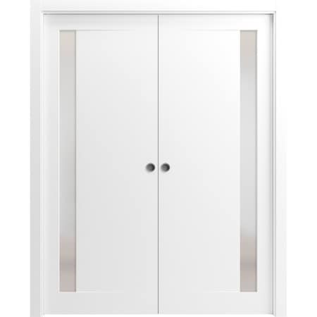 Sartodoors Sliding French Dbl Pocket Doors 56 x 96in, Painted White W/ Frosted Glass, Kit Trims Rail Hardware PLANUM0660DP-BEM-5696